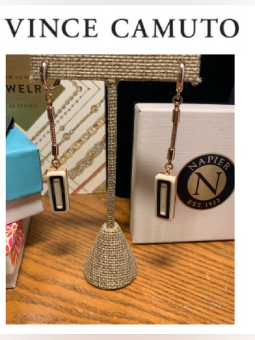 Vince Camuto Rose Gold Drop Earrings with Black & Cream Inlay